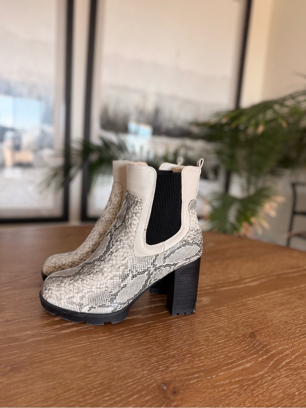 Snakeskin-Pattern Chunky Heel Chelsea Boot